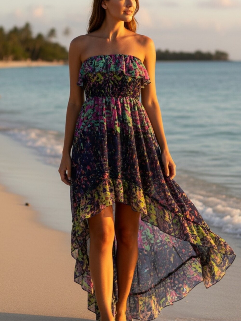 Modmodele Multicolor Abstract Print High Low Strapless Dress with Ruffled Edge M